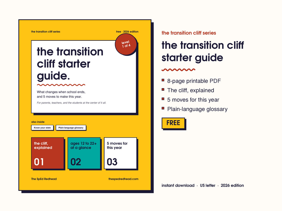Cover of The Transition Cliff Starter Guide, a free 8-page printable PDF by The SpEd Redhead
