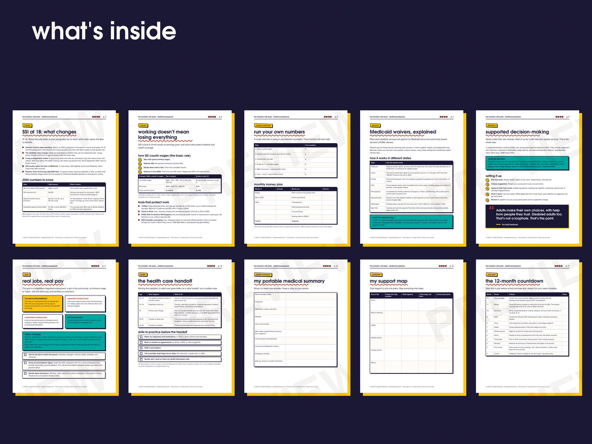 Preview of ten inside pages: SSI at 18, benefits math, Medicaid waivers, supported decision-making, and a 12-month countdown