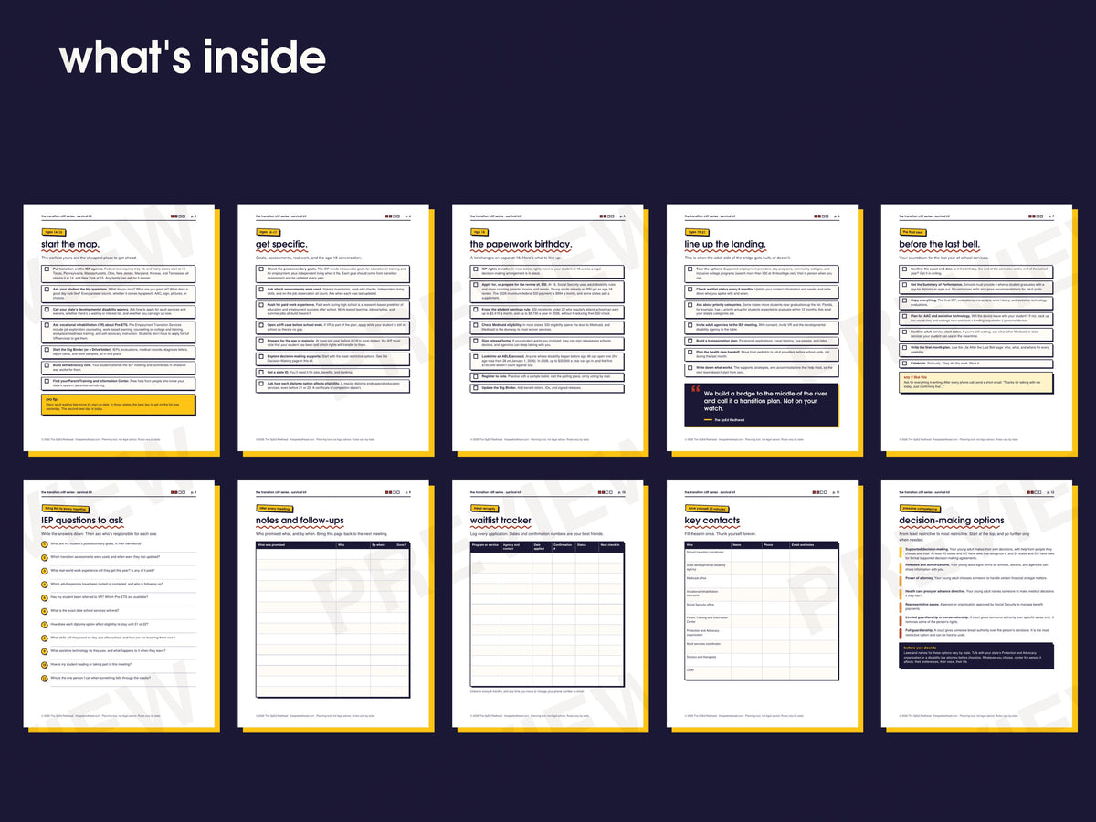 Preview of ten inside pages: year-by-year checklists, IEP questions, waitlist tracker, key contacts, and decision-making options