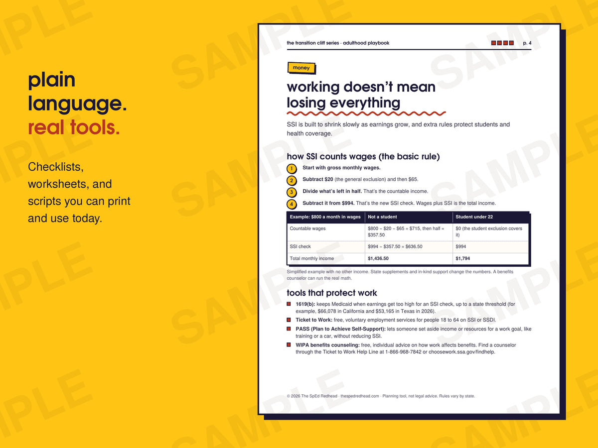 Sample page: working doesn't mean losing everything, with SSI earnings math
