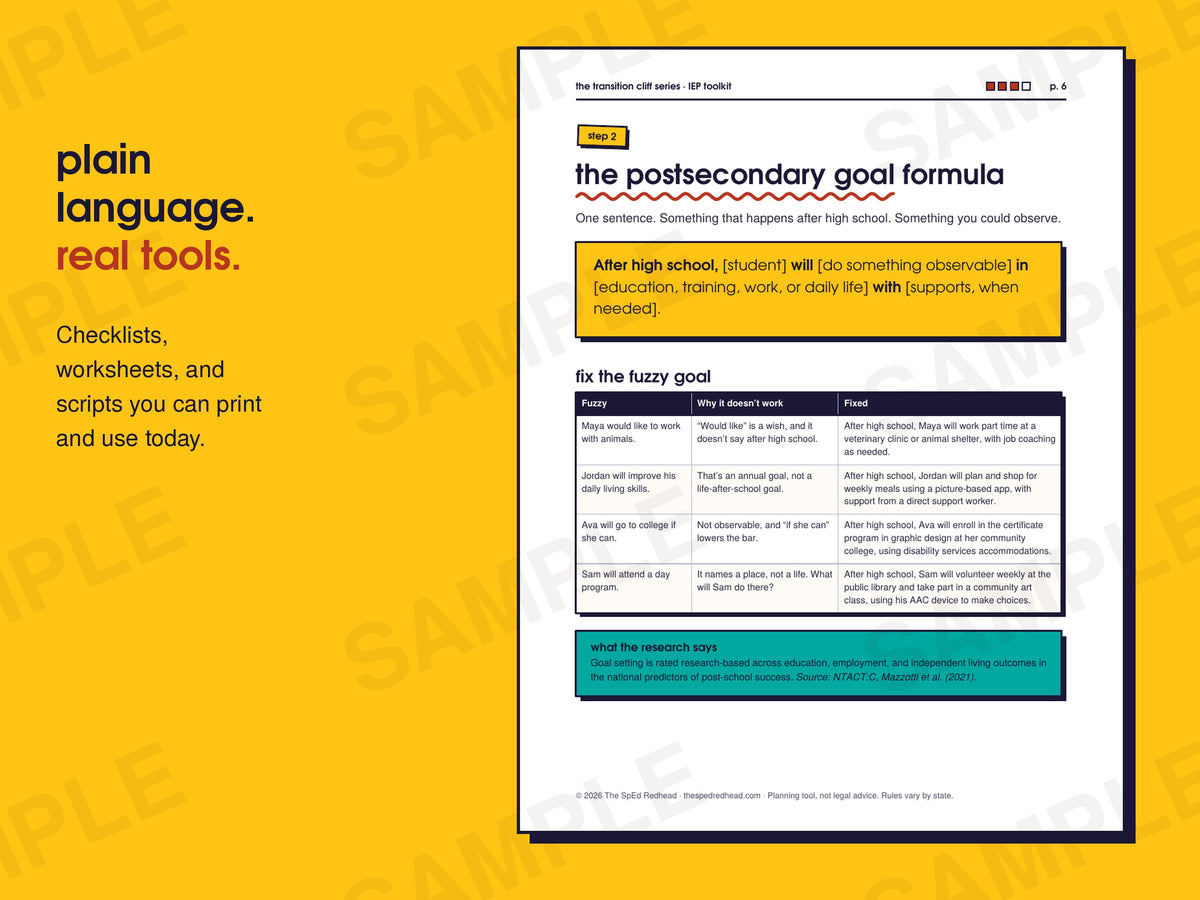 Sample page: the postsecondary goal formula with fuzzy goals rewritten