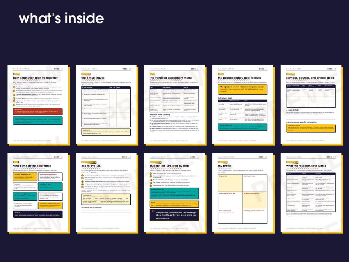 Preview of ten inside pages: the 8 must-haves, assessment menu, goal formula, agency map, and student-led IEP