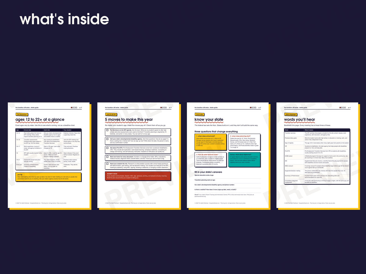 Preview of four inside pages of the Starter Guide: timeline, five moves, know your state, and glossary