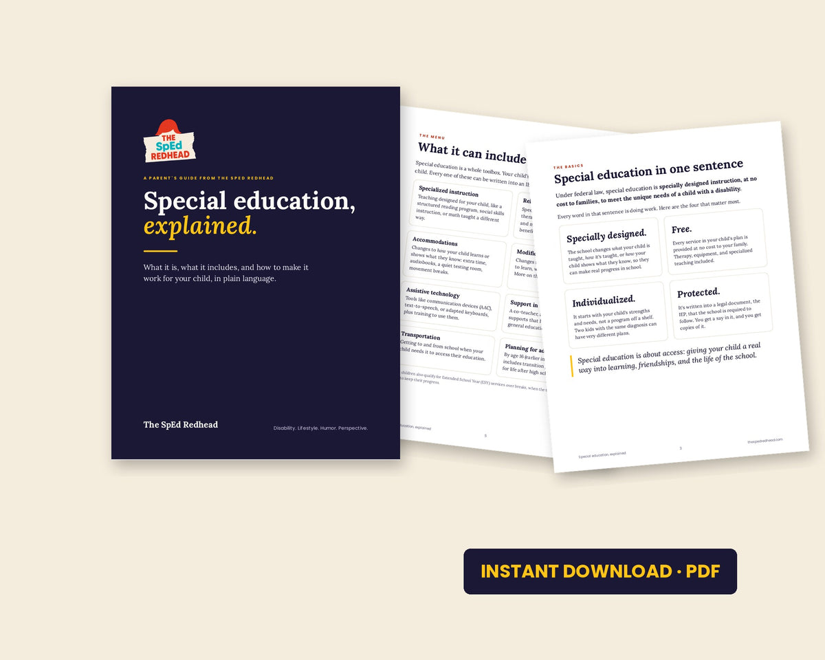 Cover of the parent guide Special Education, Explained. by The SpEd Redhead, with two inside pages fanned behind it and a badge that reads Instant Download PDF.