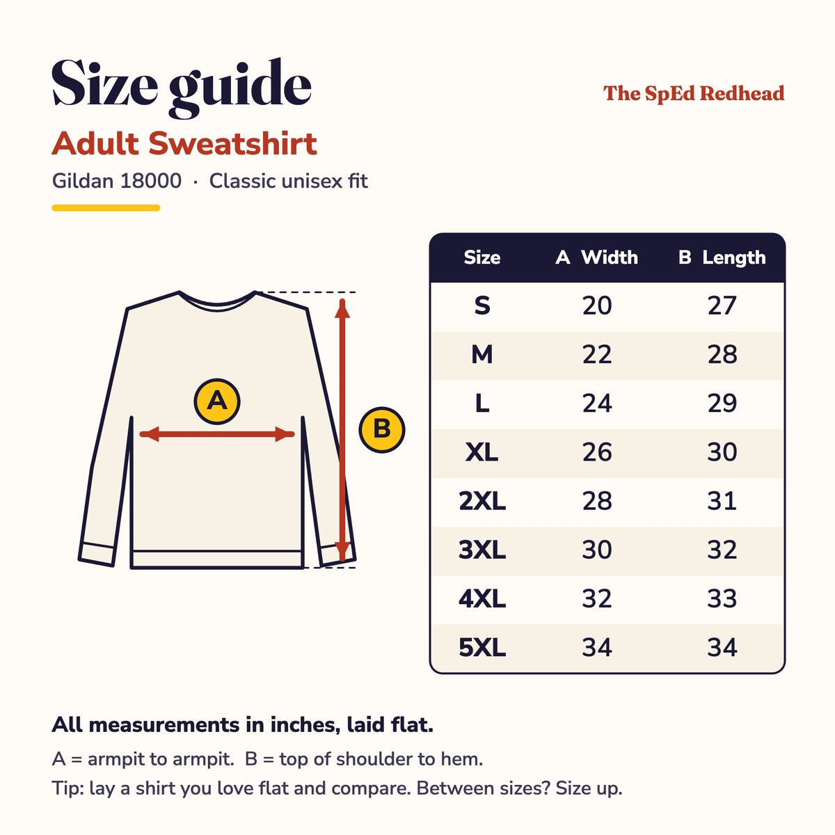 Adult sweatshirt size guide: chest width and length in inches for sizes S to 5XL