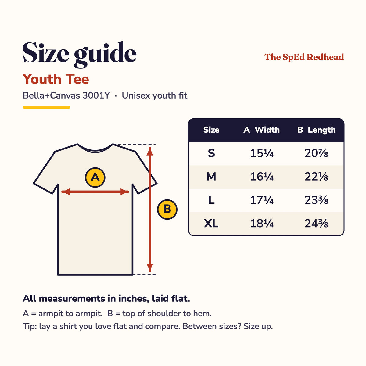 Youth tee size guide: chest width and length in inches for sizes S to XL