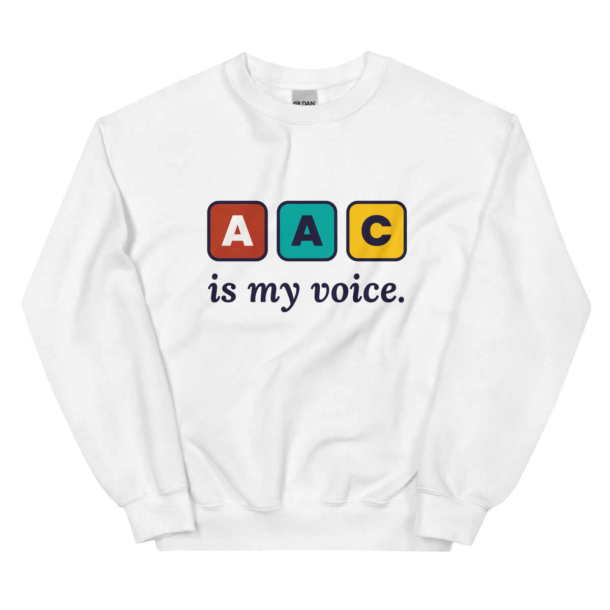 AAC Is My Voice Adult Sweatshirt in White, flat front view