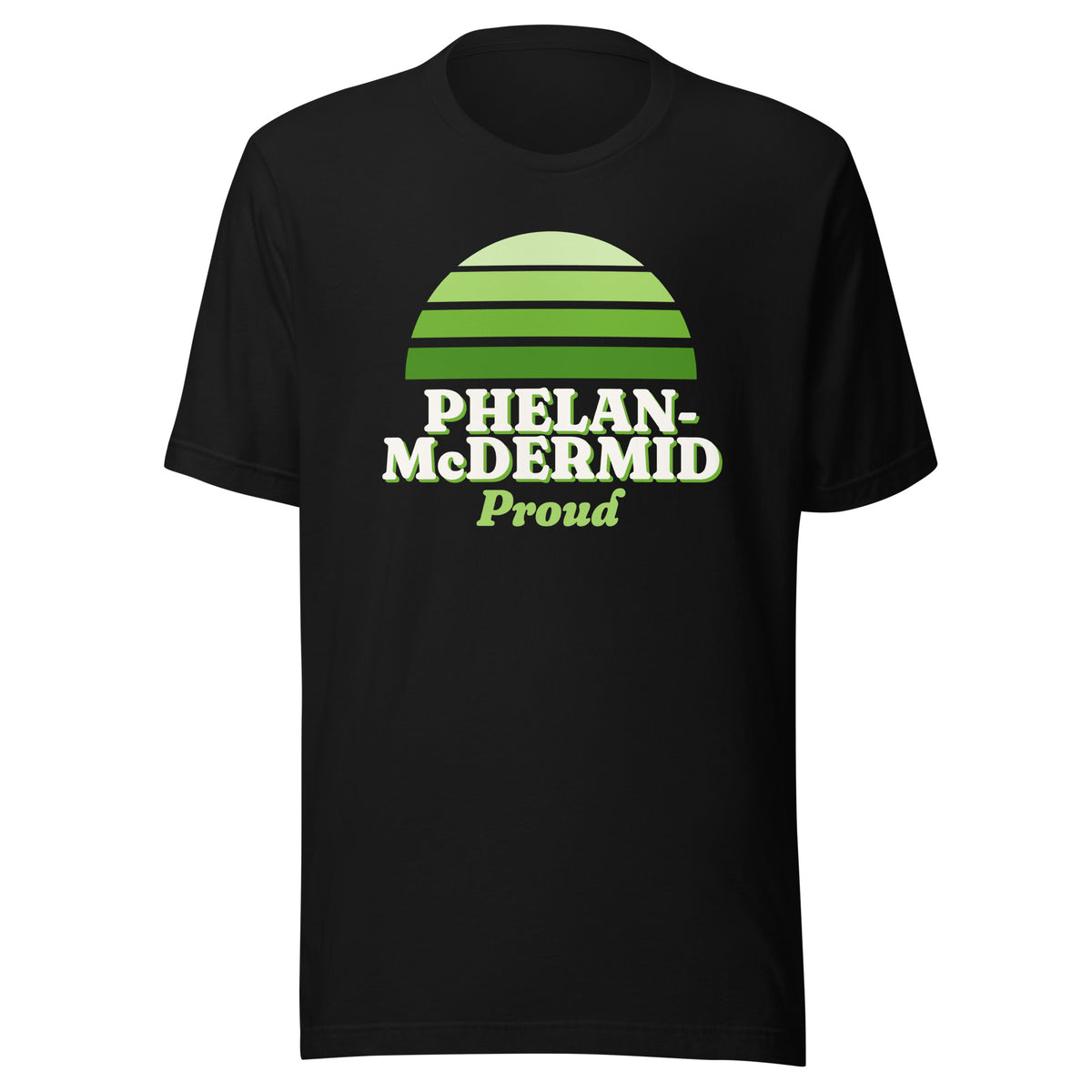 Phelan-McDermid Proud tee in Black, front view.