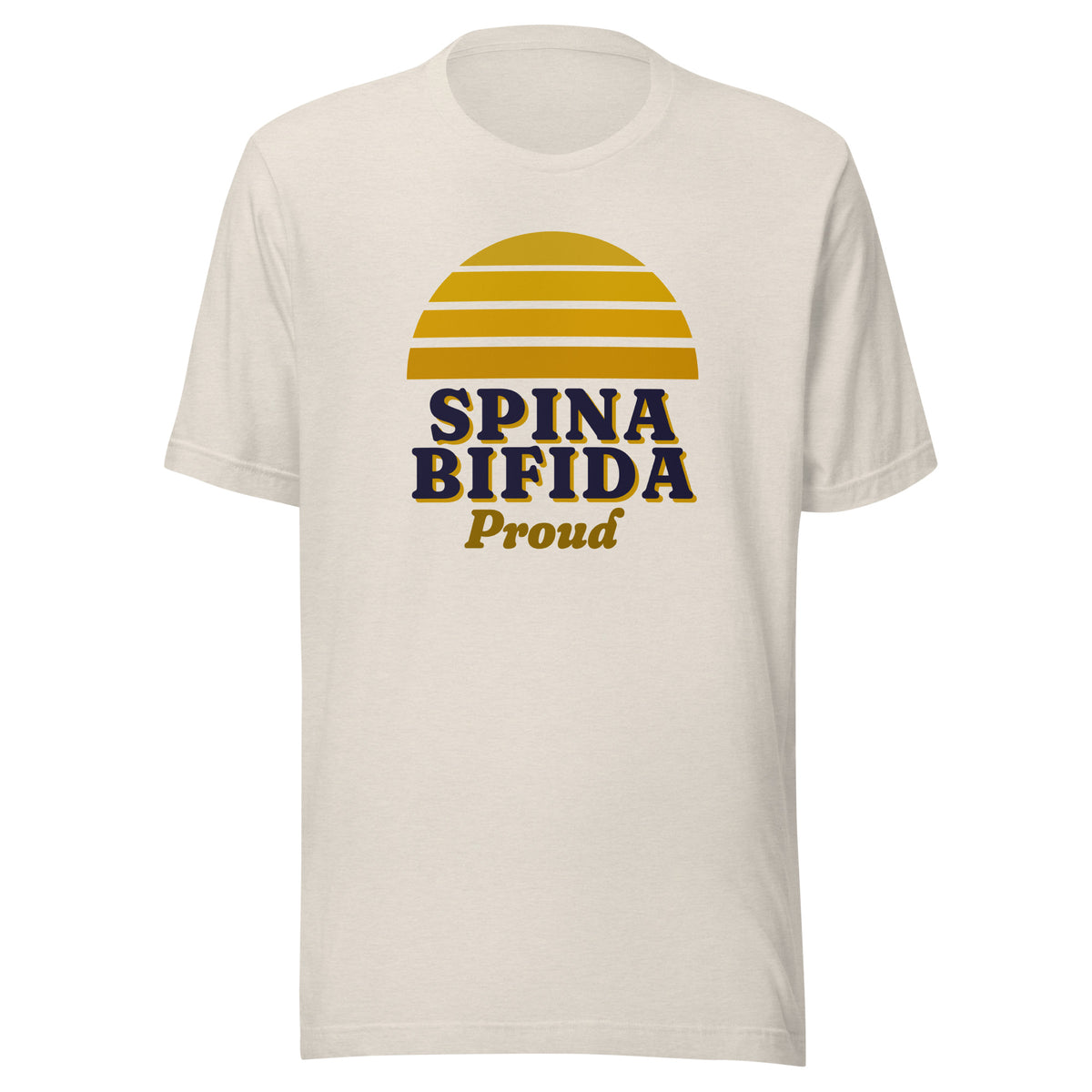 Spina Bifida Proud tee in Heather Dust, front view.