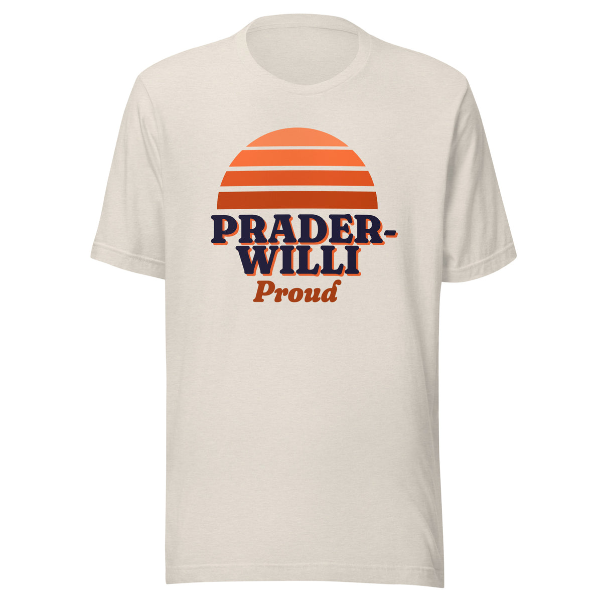 Prader-Willi Proud tee in Heather Dust, front view.
