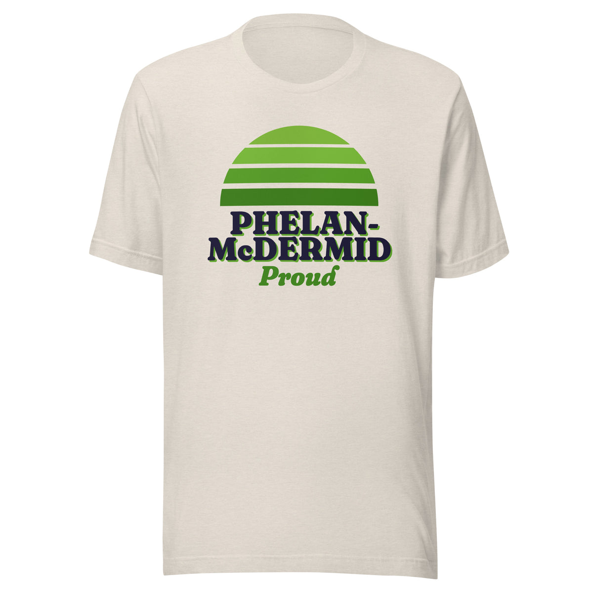 Phelan-McDermid Proud tee in Heather Dust, front view.