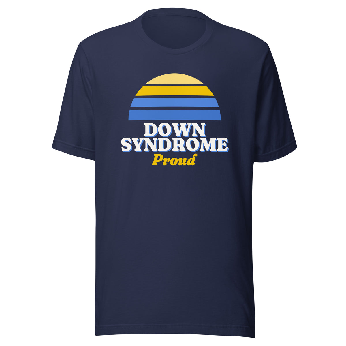 Down syndrome Proud tee in Navy, front view.