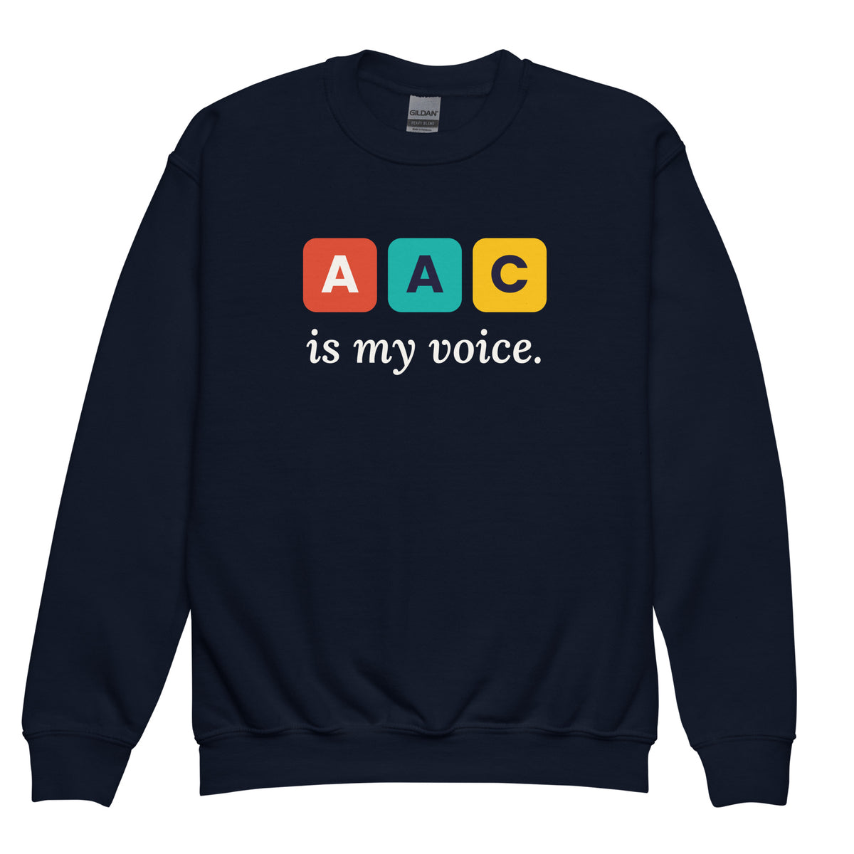 Navy AAC Is My Voice youth sweatshirt with light print