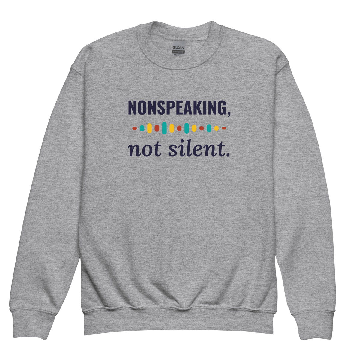 Nonspeaking, Not Silent Youth Sweatshirt in Sport Grey, flat front view