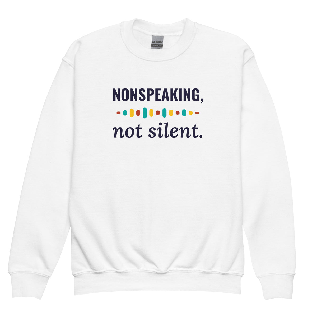 Nonspeaking, Not Silent Youth Sweatshirt in White, flat front view