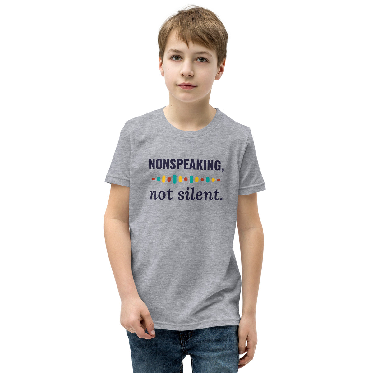 Nonspeaking, Not Silent Youth Tee in Athletic Heather, flat front view