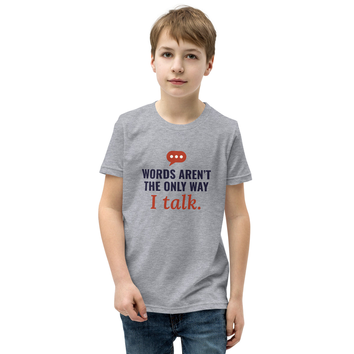 Words Aren’t the Only Way I Talk Youth Tee in Athletic Heather, flat front view