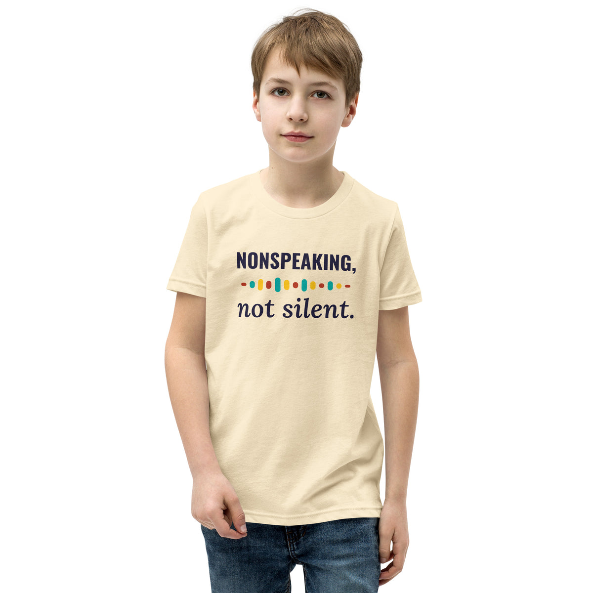 Nonspeaking, Not Silent Youth Tee in Natural, flat front view
