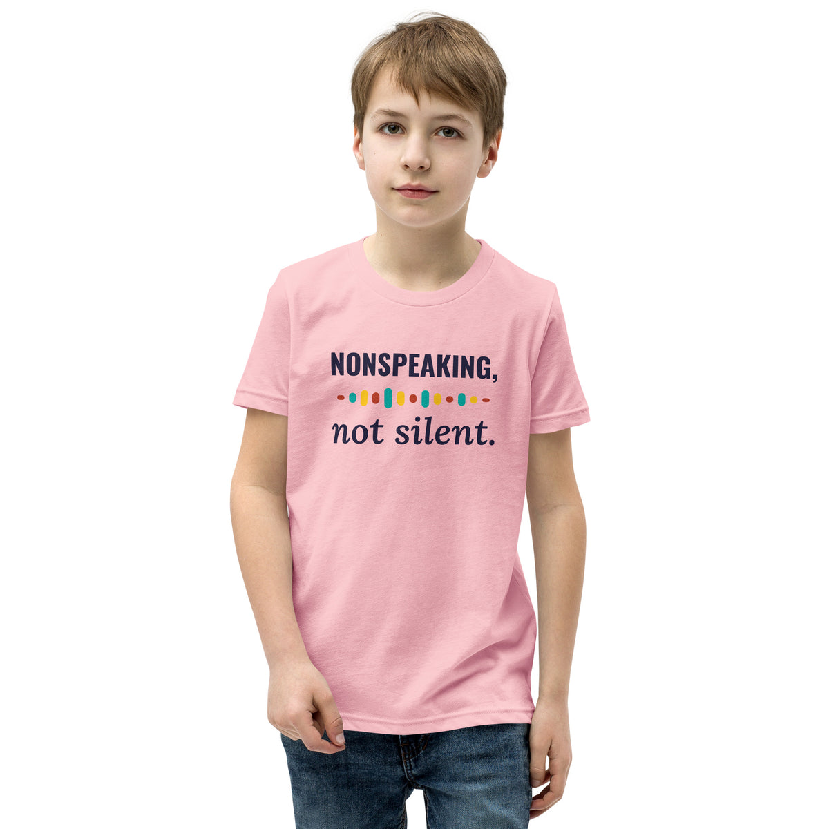 Nonspeaking, Not Silent Youth Tee in Pink, flat front view