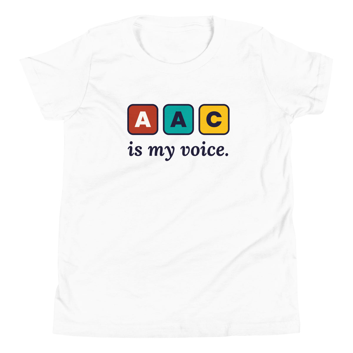 AAC Is My Voice Youth Tee in White, flat front view