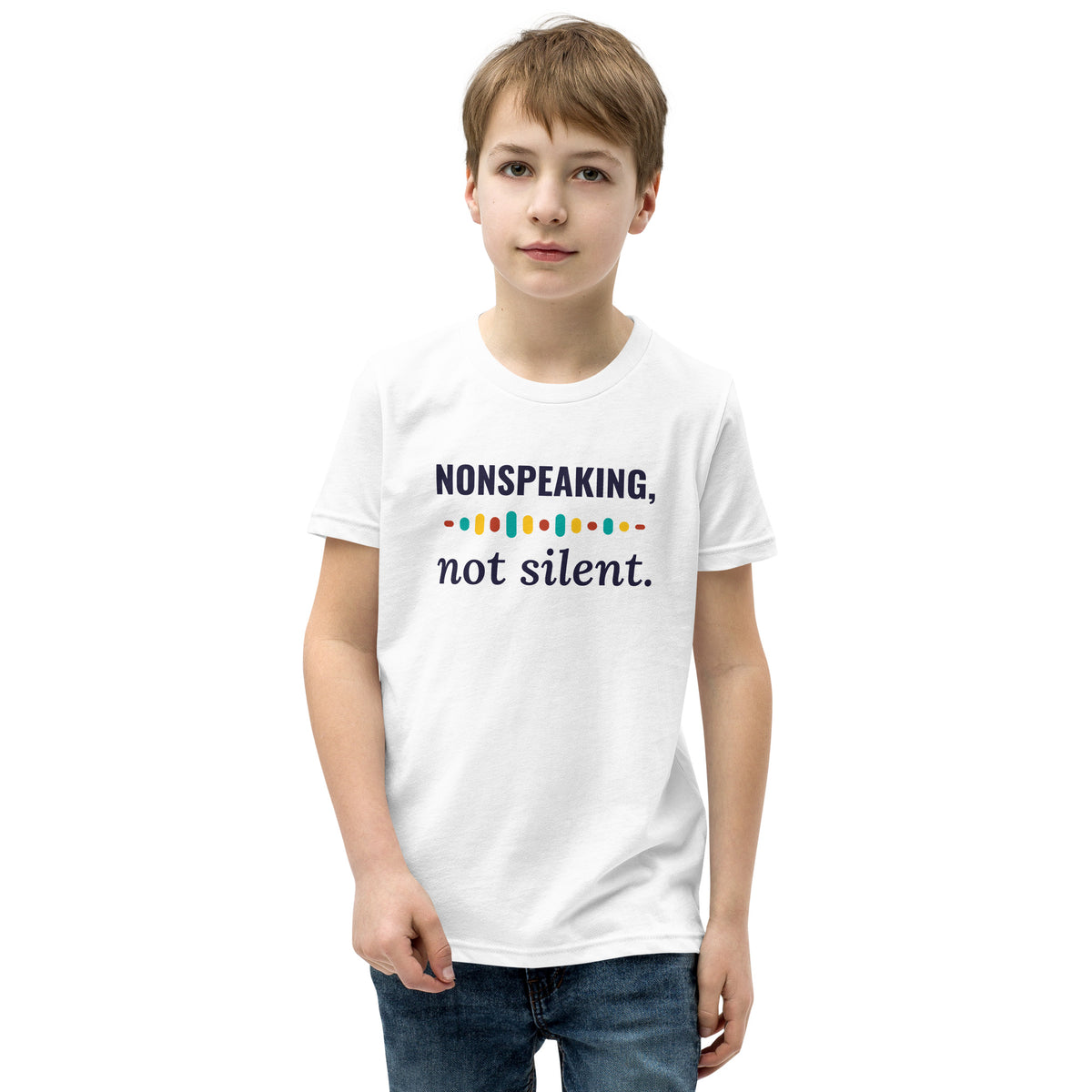 Nonspeaking, Not Silent Youth Tee in White, flat front view