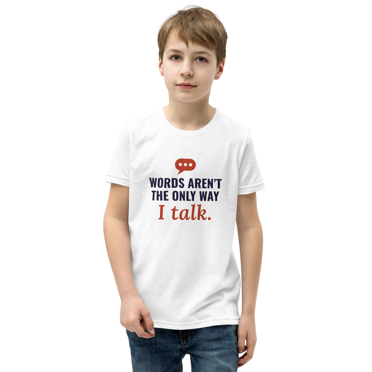 Words Aren’t the Only Way I Talk Youth Tee in White, flat front view